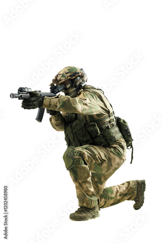 Military soldier in tactical gear aiming rifle on a white background