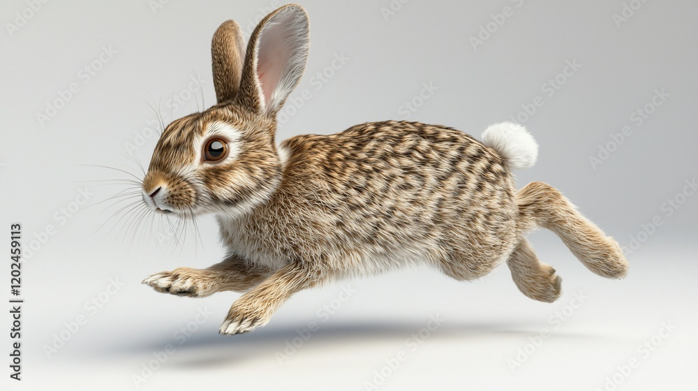 Obraz premium A cute brown rabbit mid-leap against a white background.