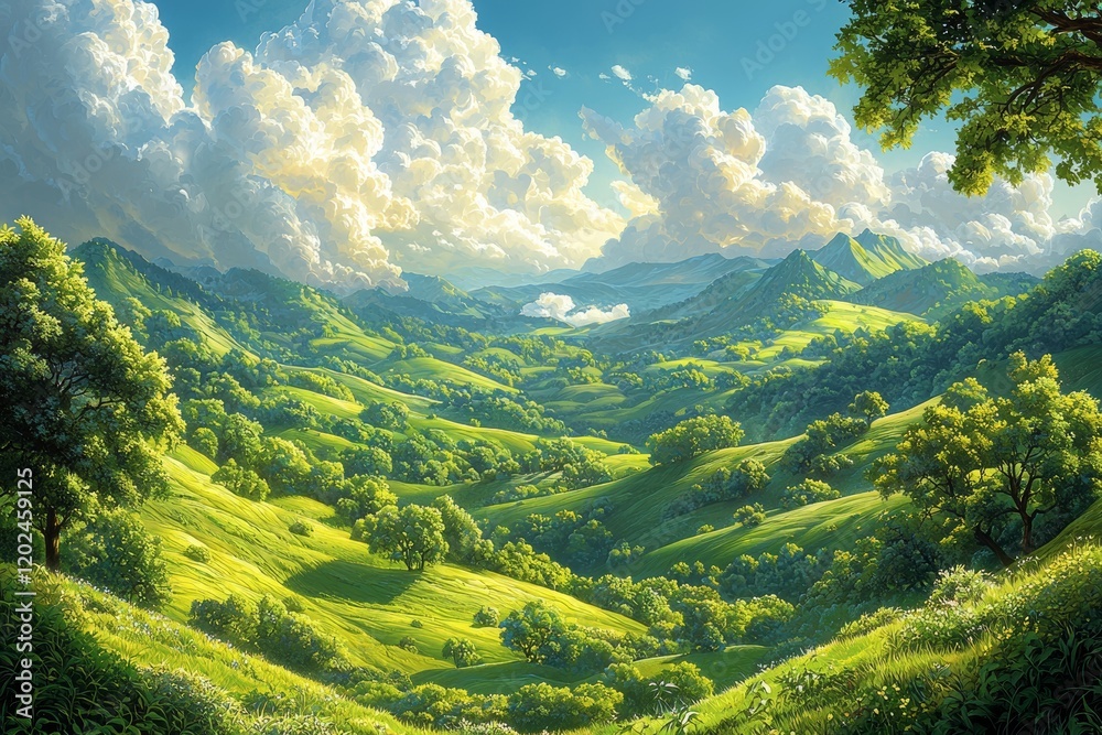 Obraz premium Enigmatic horizons merge with lush greenery, forming surreal landscapes embellished with dreamlike motifs. Nature’s splendor reveals itself in immersive fields, instilling a sense of ethereal awe