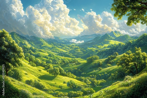 Enigmatic horizons merge with lush greenery, forming surreal landscapes embellished with dreamlike motifs. Nature’s splendor reveals itself in immersive fields, instilling a sense of ethereal awe photo