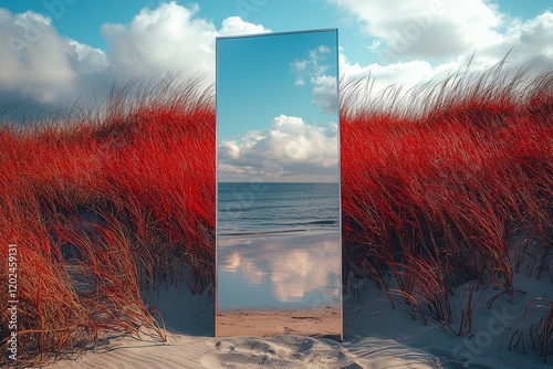 A mirror positioned among sand dunes, reflecting the hues of the setting sun