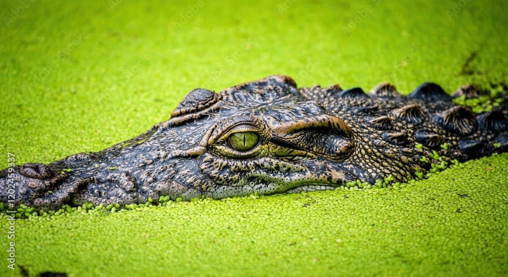 Fototapeta premium Crocodile lurking in green water, showcasing its stealth and power