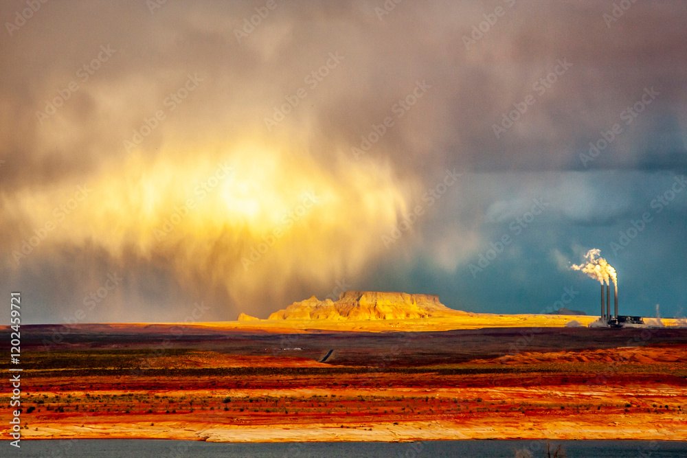 USA, Arizona, Navajo Nation. Landscape with virga storm and coal-fired Navajo Generating Station.