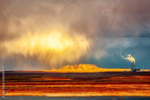 Obraz na płótnie USA, Arizona, Navajo Nation. Landscape with virga storm and coal-fired Navajo Generating Station. w salonie