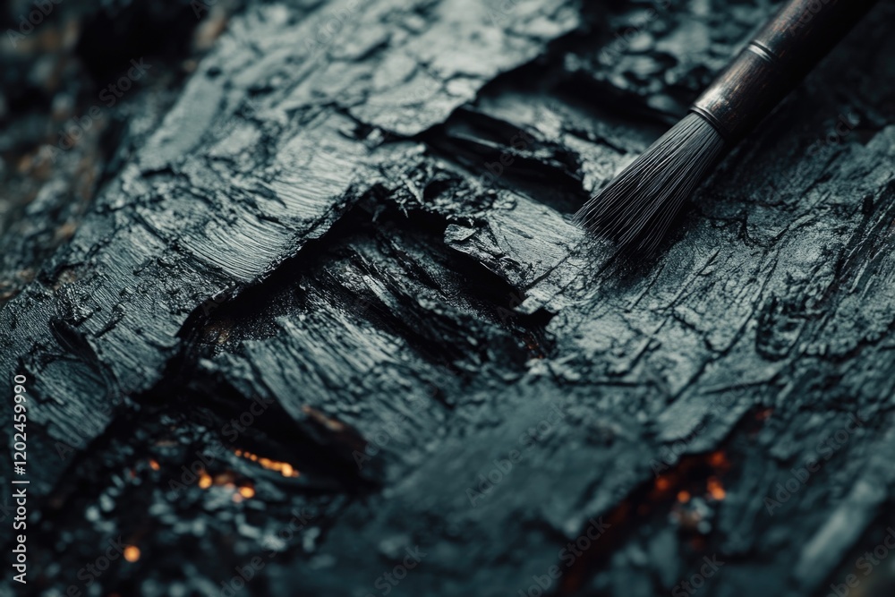 Fototapeta premium Dark textured surface with brush strokes revealing glowing ember