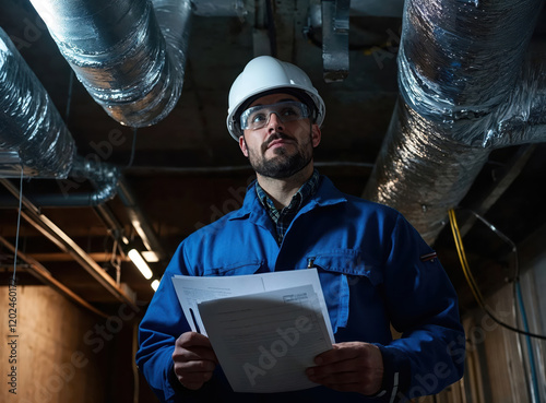 Technician inspecting hvac system with documents in basement photo
