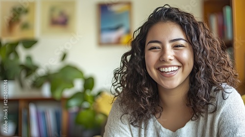 Bright smile radiates joy, surrounded by cozy home decor and gre