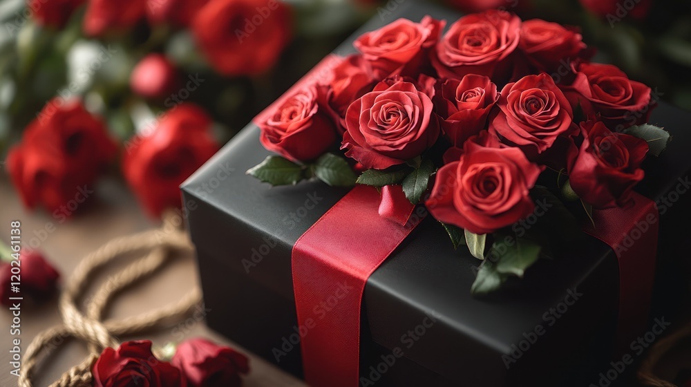 Obraz premium Romantic red roses adorn black gift box on wood; Valentine's Day