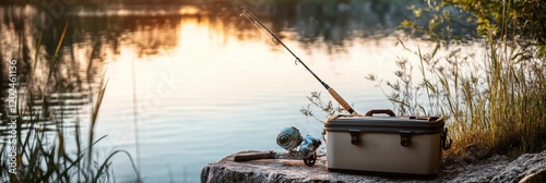 Fishing gear and tackle box placed near tranquil lake during sunset. Generative AI