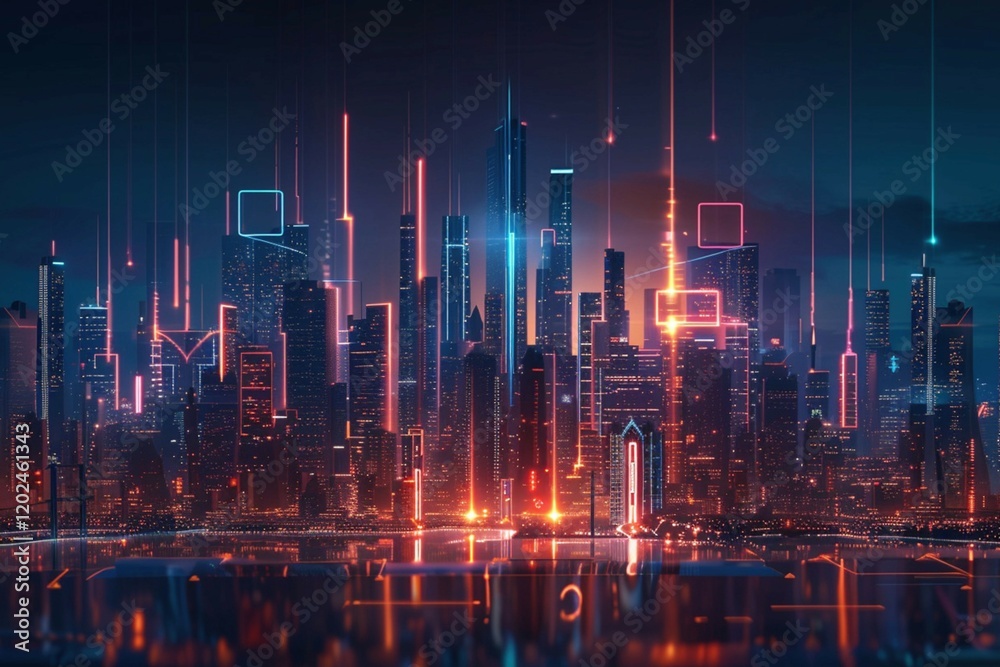 Fototapeta premium Vivid futuristic cityscape illuminated by neon skyscrapers under dark night sky, sci-fi ambiance