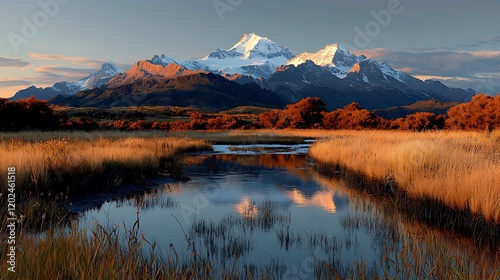 Patagonian sunset Mountain reflection in autumnal wetland photo