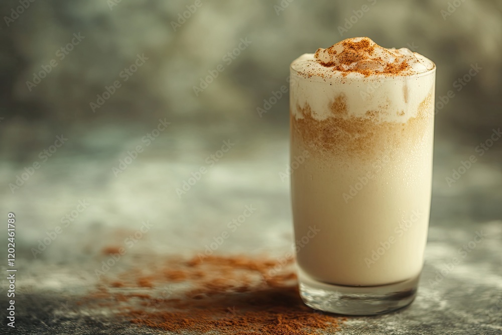Creamy beverage topped with whipped cream and sprinkled with cin Creamy beverage topped with whipped cream and sprinkled with cin