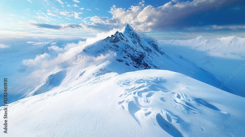 Obraz premium Dramatic snowcovered mountain under a stormy sky, with windblown snow patterns and frosty textures on the ground, moody and intense