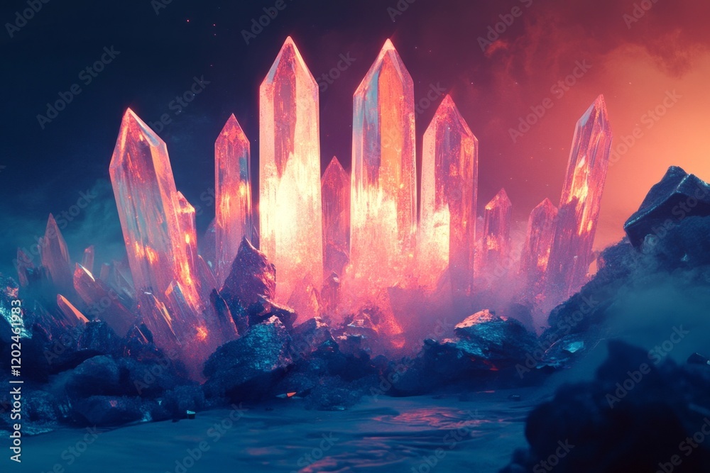 Fototapeta premium Glowing Crystal Structures in a Dark Landscape