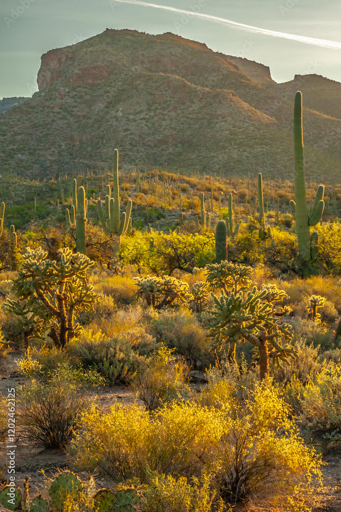 Obraz premium USA, Arizona, Sabino Canyon. Sonoran Desert landscape with cacti and mountains.