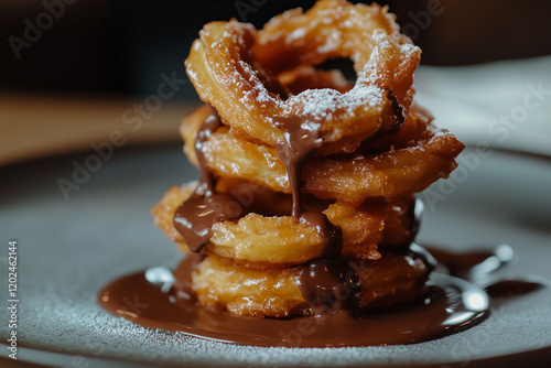 Pile of fried delicious churros close up detail on modern plate with melted chocolate dripping.