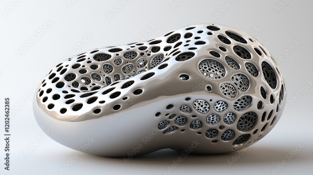 Fototapeta premium Abstract metallic sculpture with porous, organic form.