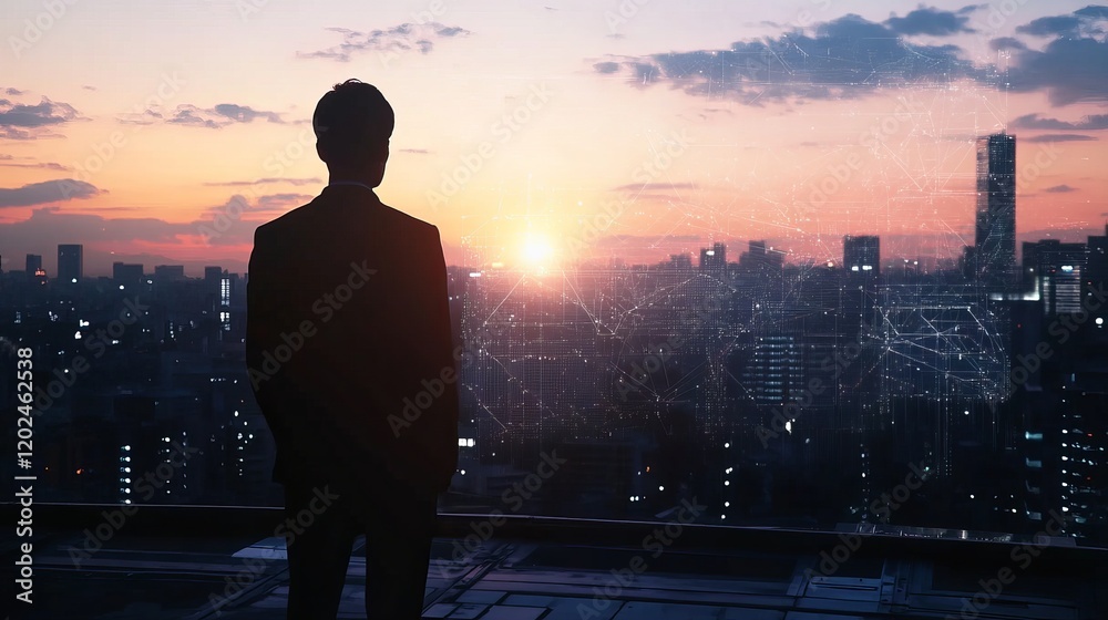Fototapeta premium Futuristic Cityscape Silhouette of Businessman at Sunset