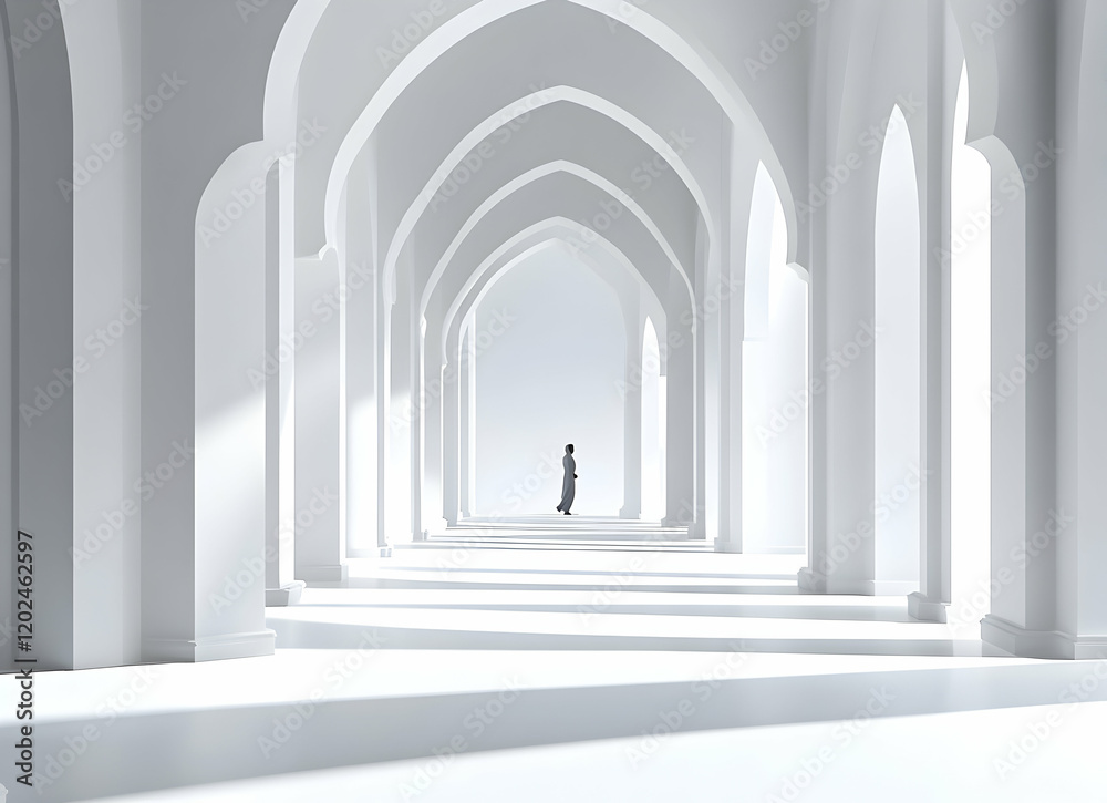 Solitude in White Architecture: A Person Walking Through a Serene, Light-Filled Corridor of Arched Pillars and Walls Solitude in White Architecture: A Person Walking Through a Serene, Light-Filled Corridor of Arched Pillars and Walls