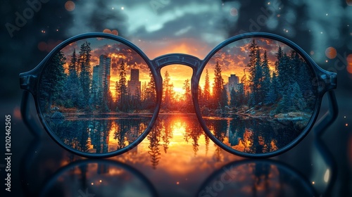 Metaphysical mirage: surreal glasses, illusory water forms, dreamlike landscapes, ethereal tones. Illusory. Illustration