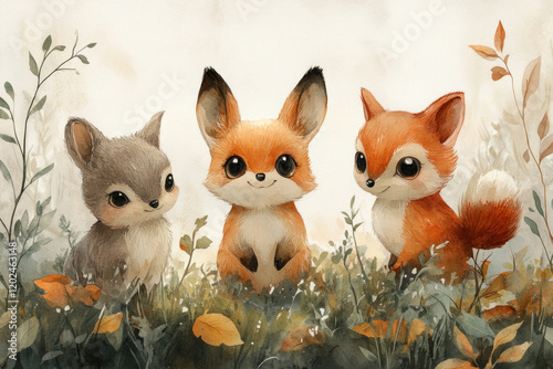 three cute animals, done in cartoon style. In the center is a fox with red fur, big ears and a good-natured smile.  