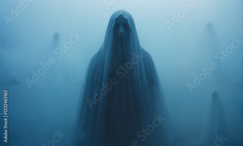   A ghostly figure materializes from eerie blue fog, its face defined by intricate details.