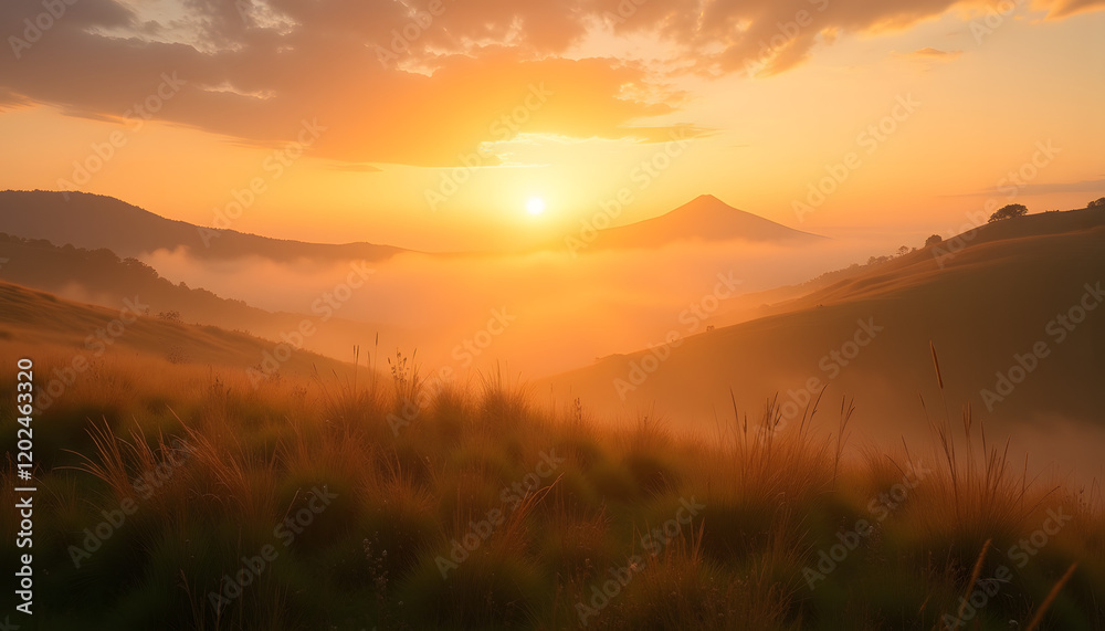 Beautiful sunrise after rainy night in mountains Beautiful sunrise after rainy night in mountains