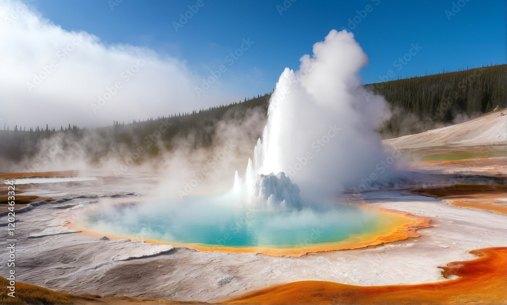 A vibrant geothermal landscape captured in high detail, featuring an erupting geyser surrounded by a blanket of dense white fog, with intricate texture details on rocks and minerals. A vibrant geothermal landscape captured in high detail, featuring an erupting geyser surrounded by a blanket of dense white fog, with intricate texture details on rocks and minerals.