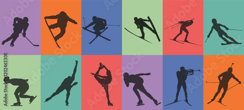 Winter sports.Silhouettes of athletes of different sports.Hockey player, biathlete, skater, skier, slalom, snowboarder, ski jumper.Horizontal banner for sports schools.Vector illustration.