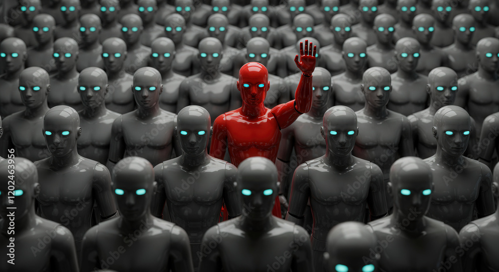 Obraz premium A group of black plastic androids with one red android standing out in the middle with hand up.
