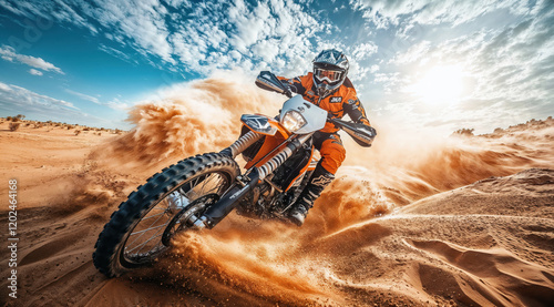 Fototapeta Naklejka Na Ścianę i Meble -  Motorcyclist riding on a dirt bike in the desert, raising a cloud of dust