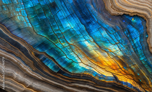   A stunning close-up of a polished Labradorite stone, displaying mesmerizing labradorescence with vibrant colors and intricate surface texture in high-quality macro photography.