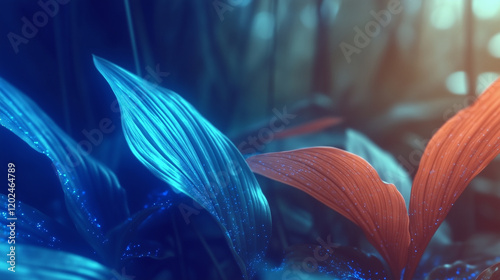 Vibrant glowing leaves in blue and red tones emit a striking bioluminescent light, blending natural beauty with cyberpunk aesthetics in a futuristic and immersive environment. photo