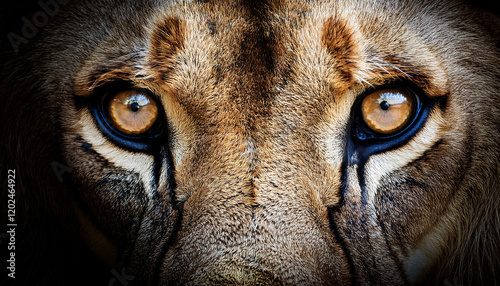 Ojos y mirada de frente de un leon salvaje