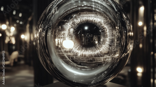 A highly detailed cybernetic eye with glowing circuitry and a reflective surface, displayed in a futuristic setting with soft lighting, designed using advanced AI technology. photo