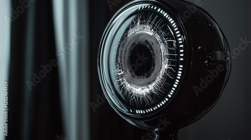 A detailed view of a glowing cybernetic eye implant with intricate neon circuits, displayed on a black pedestal, showcasing futuristic technology and innovation, generated using AI. photo