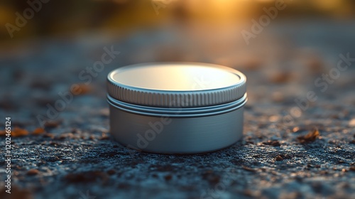 Silver Metal Tin Container Mockup Outdoors at Sunset photo