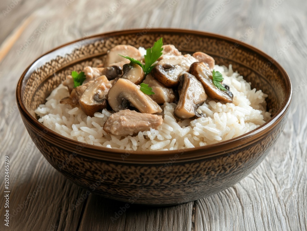 Rice grains with pork and mushrooms in a bowl. Uncooked white rice grains mixed with pork and mushrooms in a ceramic bowl. Emphasizing savory and hearty meal. Ideal for food blogs and Asian cuisine. Rice grains with pork and mushrooms in a bowl. Uncooked white rice grains mixed with pork and mushrooms in a ceramic bowl. Emphasizing savory and hearty meal. Ideal for food blogs and Asian cuisine.