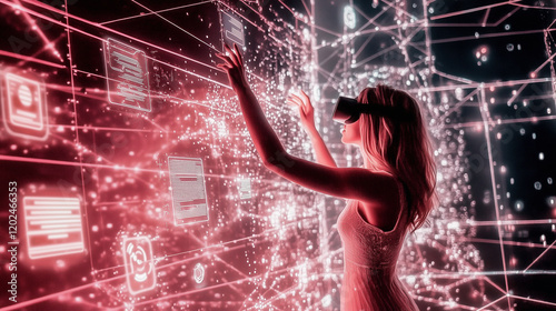 A woman wearing a VR headset interacts with glowing holographic panels on a vivid neon-red cyberpunk interface, surrounded by intricate digital networks and futuristic graphics. photo