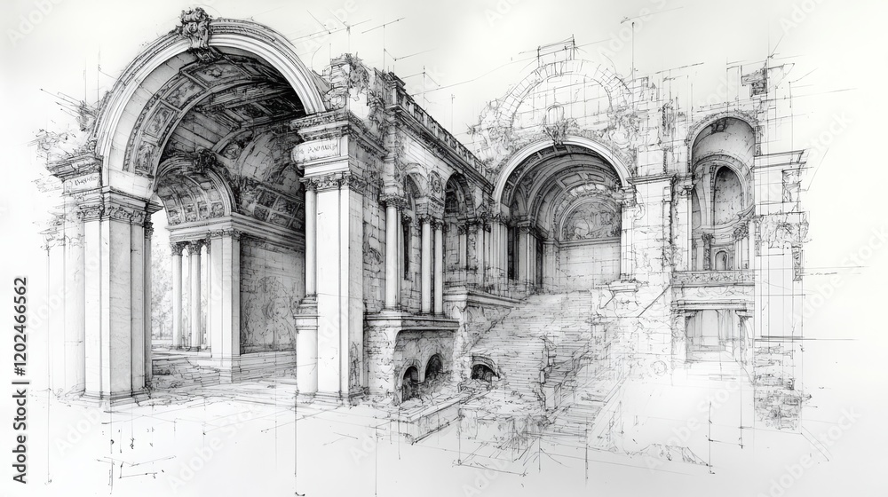 Pencil drawing of architecture, template, AI generated Pencil drawing of architecture, template, AI generated