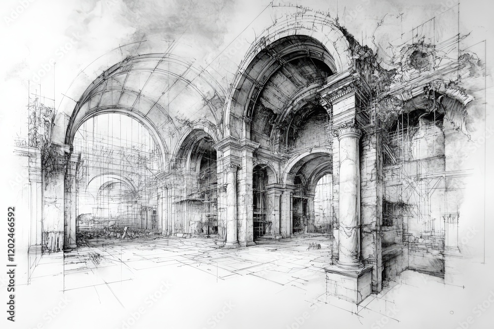 Pencil drawing of architecture, template, AI generated Pencil drawing of architecture, template, AI generated
