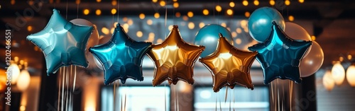 Star-shaped balloons in various colors hang from the ceiling in a warmly lit room, creating a festive atmosphere for a birthday celebration filled with joy and excitement