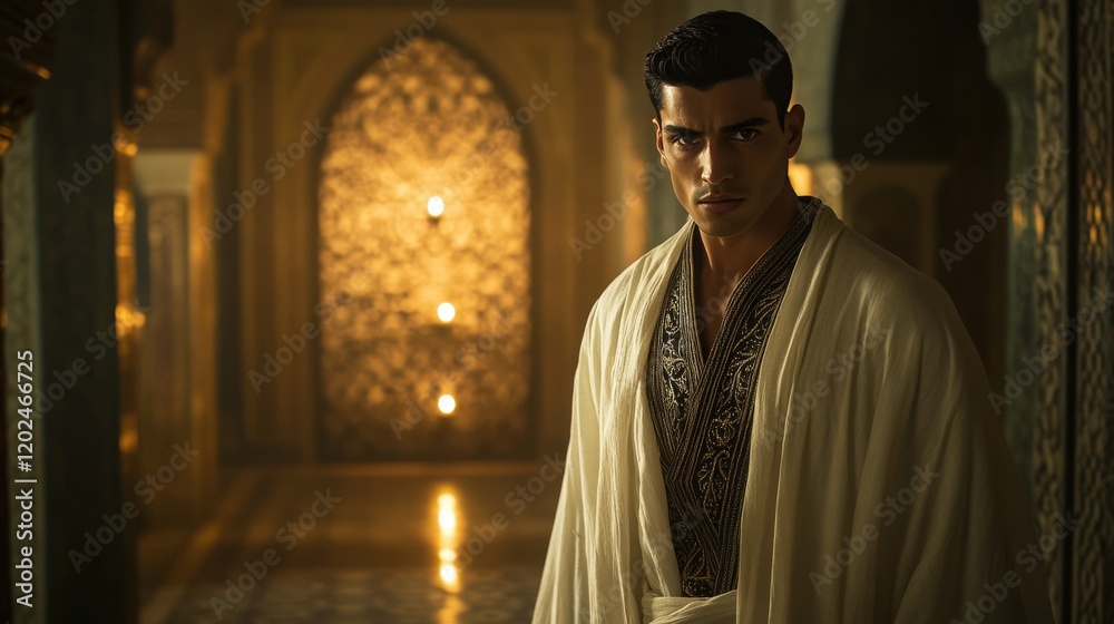 A regal man in ornate robes stands in a palace hallway A regal man in ornate robes stands in a palace hallway