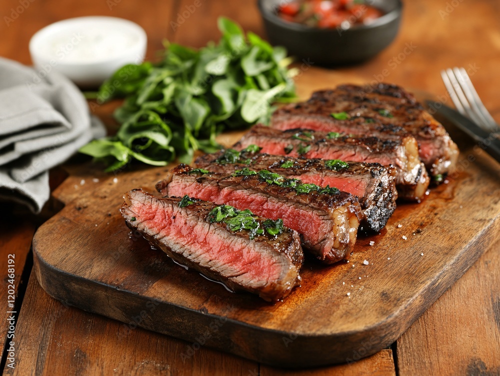 Juicy Grilled Steak Slices on Wooden Board Juicy Grilled Steak Slices on Wooden Board