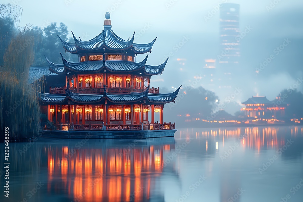 Obraz premium Stunning Asian Pagoda on a Misty Lake at Dawn