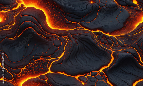   A stunningly realistic 8K texture of flowing lava with glowing cracks and a bubbling surface. photo