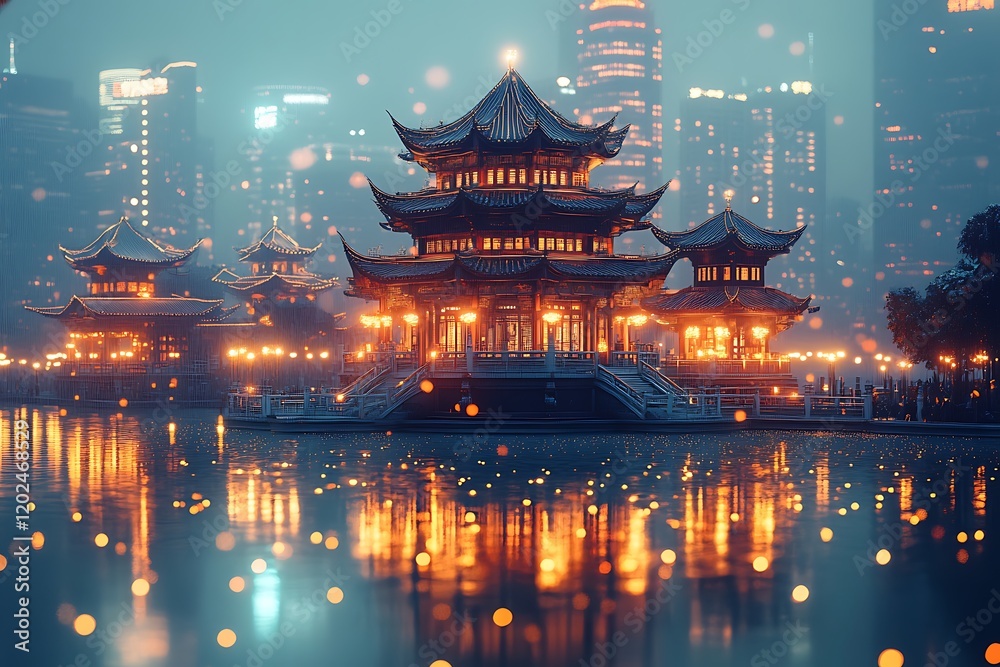 Fototapeta premium A Stunning Chinese Pagoda at Dusk Reflecting on Water