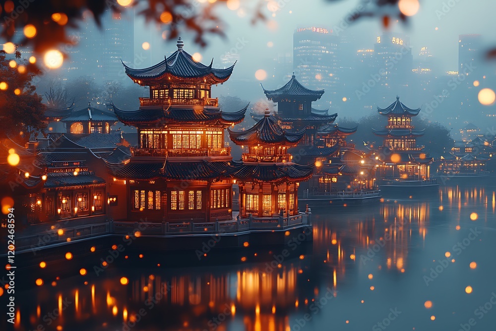 Fototapeta premium Luminous Chinese Pagodas Reflecting on a Misty Night
