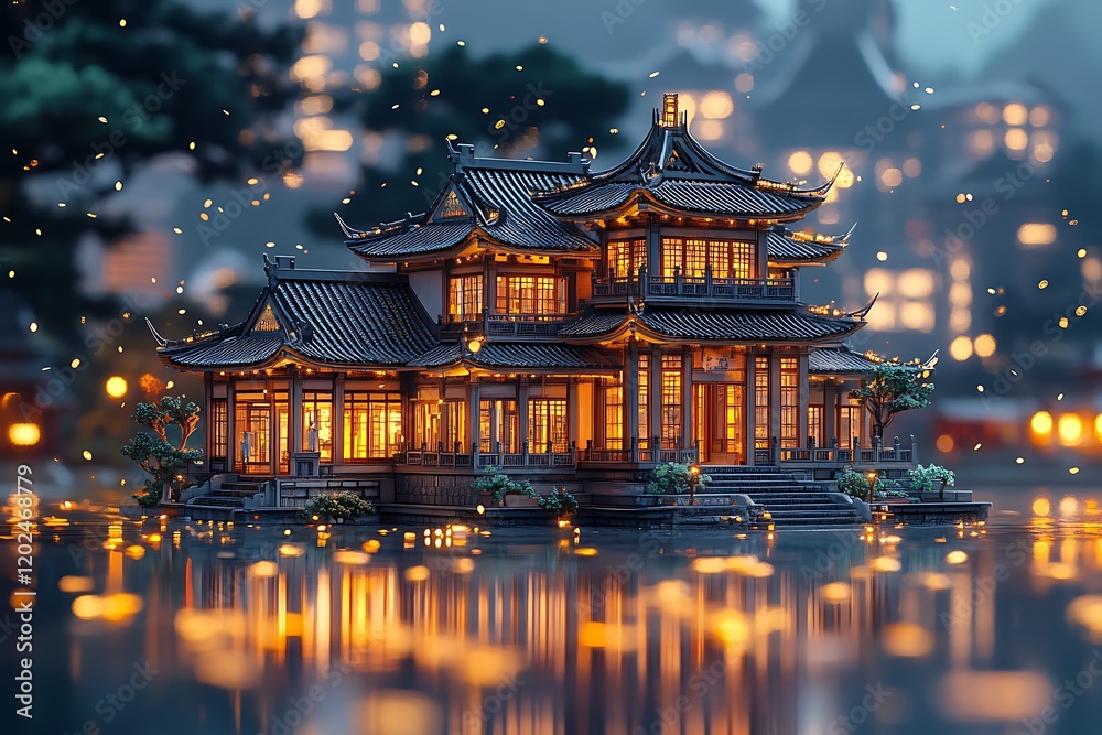 Fototapeta premium Enchanted Chinese Pavilion at Dusk Reflecting on Water