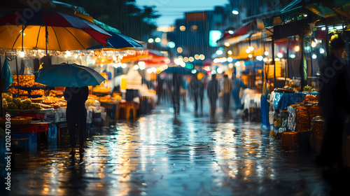 Wallpaper Mural Rainy street market with blurred lights and vendors. Vibrant Street Market. Illustration Torontodigital.ca